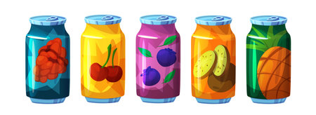 Fruit soda drink cans set isolated on white background. Vector cartoon illustration of raspberry, cherry, blueberry, kiwi, pineapple juice, carbonated beverages in metal containers, summer menu iconsのイラスト素材