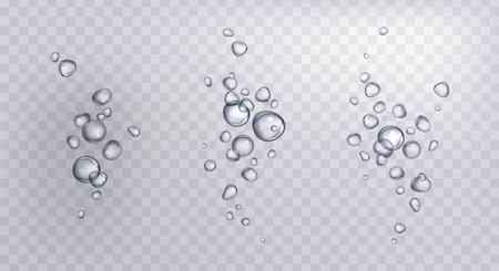 Underwater fizzy bubbles set isolated on transparent background. Vector realistic illustration of air fizz effect in clear water, sparkling soda drink, aquarium liquid flow, splash design elementsのイラスト素材