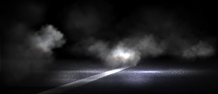 Wet asphalt road with marking line covered in smoke and illuminated by lamp or spotlight at night. Realistic 3d vector illustration background of dark dusk city street scary scene with misty fog.のイラスト素材