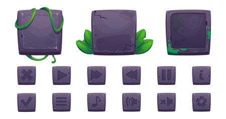 Stone game ui elements with jungle plant leaves and liana vines. Cartoon vector set of rock frames and buttons for gui design. Square empty boards for sign and plaque with settings and app icons.のイラスト素材