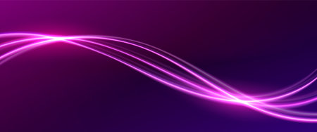 Pink neon wave line with light glow effect on dark background. Abstract vector bg with curve magic energy streak. Wavy bright sparkle laser fiber. Realistic futuristic technology dynamic shape.のイラスト素材