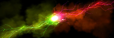 Pink and green thunder collision with shock burst flash and neon glow light effect for vs design....