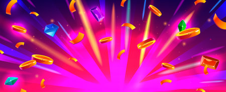 Win pink starburst background with flying golden coins, gemstones and confetti. Cartoon vector bg with explosion effect with treasure. Jackpot winner banner with neon light, splash money and jewelry.のイラスト素材