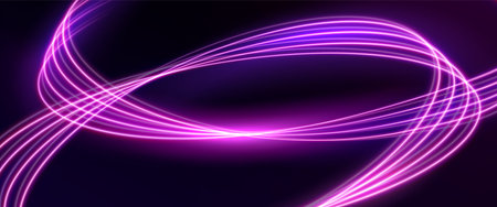 Abstract neon light lines glowing on black background. Vector realistic illustration of purple wave motion effect, futuristic abstract backdrop for modern technology presentation, fast movementのイラスト素材