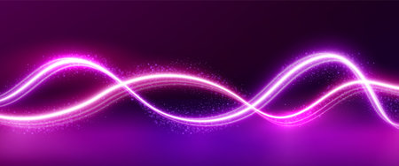 Two abstract pink neon wave lines with bright light glow effect and magic shimmer dust on dark background. Abstract realistic vector bg with curve energy streak swoosh. Wavy luminous laser fiber.のイラスト素材