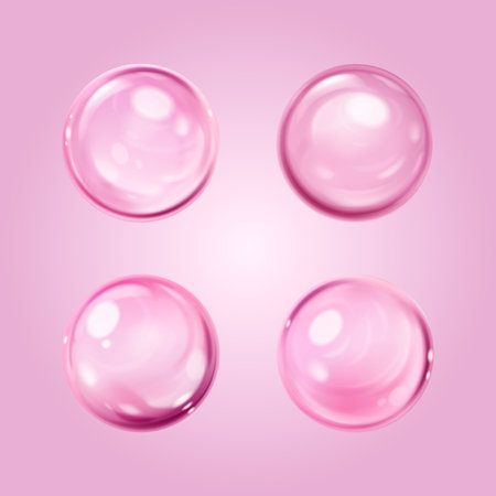 Pink collagen cell for skin care concept. Realistic 3d vector illustration set of transparent oil ball drop. liquid cosmetic sphere for face and body moisture essence or vitamin product design.のイラスト素材