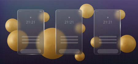 Glass morphism phone transparent screen frame with blur ui mockup. Smartphone app interface carousel for social media post concept. Futuristic rectangle web design with gold circle element layoutのイラスト素材