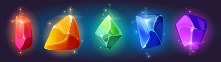Gem stone crystals with magic neon glow effect. Cartoon vector illustration set of fantasy colorful luminous diamonds for game ui design. Bright precious treasure gemstones. Shiny jewel rock pieces.のイラスト素材