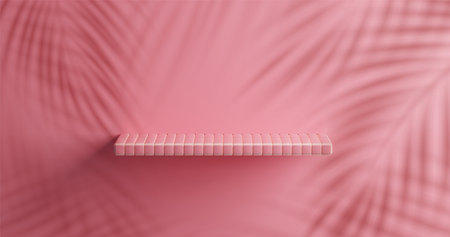 Pink tile shelf podium 3d minimal background. Realistic bathroom studio scene with palm leaf shadow. Square restroom platform render. Abstract horizontal banner bg for modern summer presentation.のイラスト素材