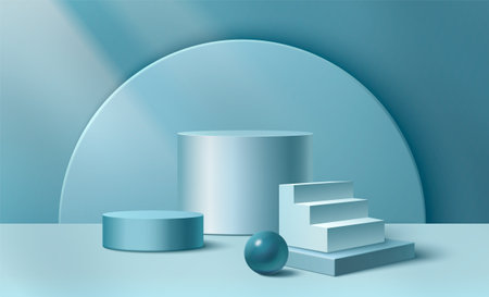 3D stairs and cylinder podiums on pastel blue background. Vector realistic illustration of round shape platform, ball and staircase for product presentation, showroom with abstract geometric pedestalsのイラスト素材