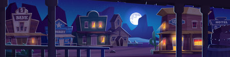 Wild west city or village landscape at night. Western America wooden architecture on empty town street under moonlight. Neighborhood with sheriff office and bank, saloon and hotel, church and house.のイラスト素材