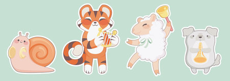 Cute animals playing musical instruments set isolated on background. Contemporary vector cartoon illustration of kawaii snail, tiger, sheep, dog performing song, nursery school banner design stickersのイラスト素材