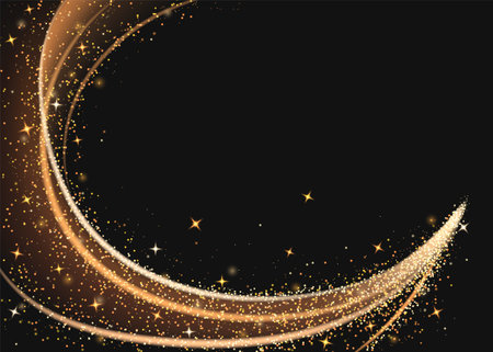 Magic gold glitter dust and star light wave vector. Golden shine trail with bright twinkle texture. Abstract yellow sparkle spray and stardust swirl design decoration. Luxury and glamour elementのイラスト素材