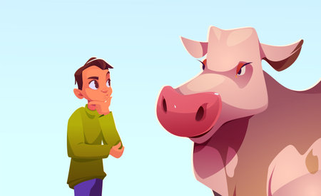 Cute teenage kid boy with thoughtful face emotion standing near cow head on blue sky background. Cartoon vector illustration of funny little confused child with brown cattle milk farm animal.のイラスト素材
