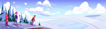 Teen boy and girl in winter clothes and ski equipment on high snowy mountain going to slide down slope. Cartoon vector cold season activity vacation landscape. Teenager tourist skiing downhill.のイラスト素材