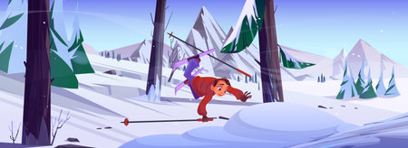 Teen guy in skis with poles fall and fly into snowdrift. Cartoon vector danger winter vacation activity on snowy mountains with trees in forest. Teenager boy in outfit falling during downhill slope.のイラスト素材
