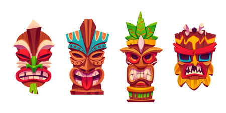 Traditional Hawaiian totem tiki mask collection. Cartoon vector illustration set of wooden tribal culture statue head with tropical leaves decorations. Face emotions with eyes, teeth and tongue.のイラスト素材