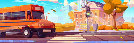 Yellow bus on road near school building. Vector cartoon illustration of autumn city with golden...
