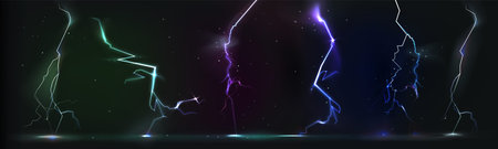 Thunder bolt and vertical bright lightning on black background. Realistic 3d vector illustration set...