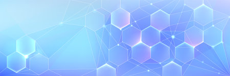 Blue pastel medical and tech background with hexagon pattern and bright sparkles. Realistic vector abstract bg with honeycomb geometric cell texture for medicine and science technology design.のイラスト素材