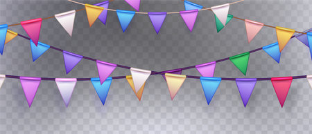 Birthday and holiday triangle flag party garland on transparent background. Realistic vector illustration of colorful carnival festive triangular paper bunting for celebration and congratulation.のイラスト素材