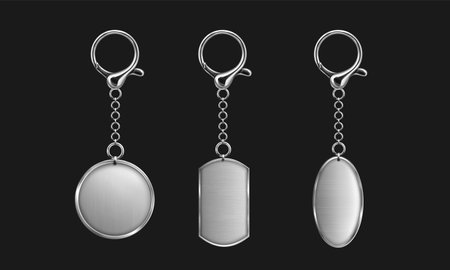 Silver keychain with ring mockup for branding. Realistic vector illustration set of blank grey metal key holder template. Chrome trinket souvenir badge of round rectangle and oval shape.のイラスト素材