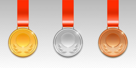 Gold, silver and bronze medal with laurel wreath pattern on red ribbon. Realistic 3d vector set of championship awards and trophy. glossy shiny round reward badge. Contest or tournament achievement.のイラスト素材