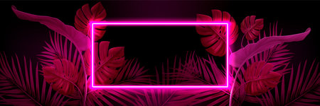 Summer beach night party dark banner template with tropical leaves and rectangular neon glowing...