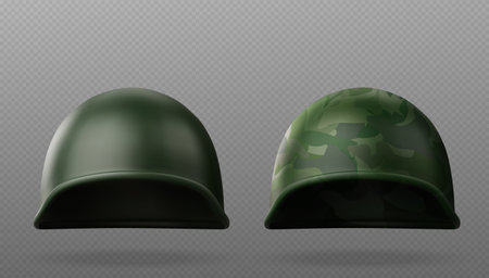 Realistic military helmet with green khaki color and camouflage pattern. 3d vector modern army warrior head protection equipment. Survival uniform clothing mockup. Bulletproof hat with camo texture.のイラスト素材