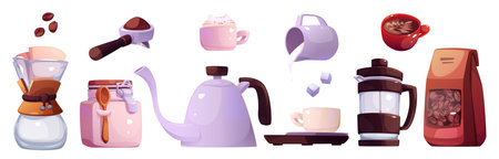 Barista coffee cup with milk to drink icon set. Cafe or restaurant isolated shop design for espresso maker. Morning caffeine drawing with press. Cappuccino tool for coffeehouse vendor conceptのイラスト素材