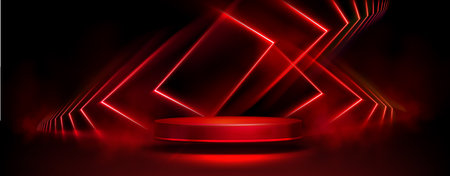 Round podium on red light background. Vector realistic illustration of dark showroom for modern product presentation with abstract glowing rectangles, technology showroom, nightclub stage designのイラスト素材