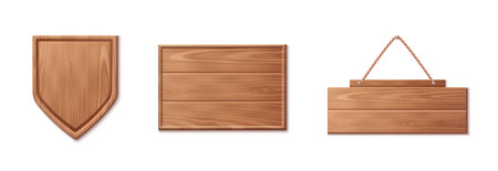 3d wood texture sign board. Wooden plank frame for saloon. Realistic vintage nail bar for text in game. Timber ui interface pointer template icon set. Empty hanging on rope plain banner designのイラスト素材