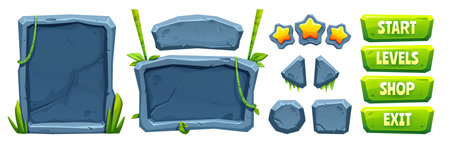 Jungle game ui elements with stone texture and green liana vines and tropical plant leaves. Cartoon vector illustration set of empty signboard and menu plaque, stars and buttons for videogame design.のイラスト素材