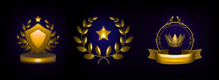 Gold award trophy emblem with laurel wreath. Realistic 3d vector illustration set of golden winner...