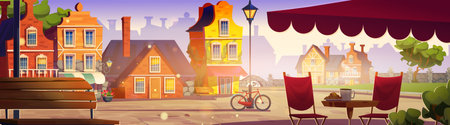 Old Europe street with cafe table with coffee cup and croissant, cute houses and park with stone bridge and fence, green trees and bicycle near streetlight, wooden bench under morning sun light.のイラスト素材