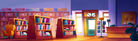 Bookstore interior with books on wooden shelves. Vector cartoon illustration of literature on shelves, postcard rack, yellow armchair, cash register on counter, souvenirs on wall, daylight in windowのイラスト素材