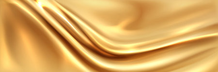 Gold silk cloth texture with folds and wrinkles. Realistic 3d vector illustration bg of golden satin fabric. luxury background with abstract yellow soft smooth drapery pattern with wave creases.のイラスト素材