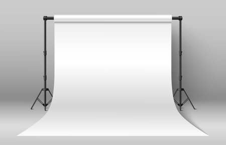 White photo studio background. Vector realistic illustration of backdrop equipment for photography shoot, product or fashion design presentation showroom, professional video shooting equipmentのイラスト素材