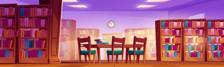 Library or bookstore interior cartLibrary or bookstore interior cartoon background. Indoor book shelf furniture in university warehouse. Public school room to study with desk. Antique building inside for education and read literatureoon backgroundのイラスト素材
