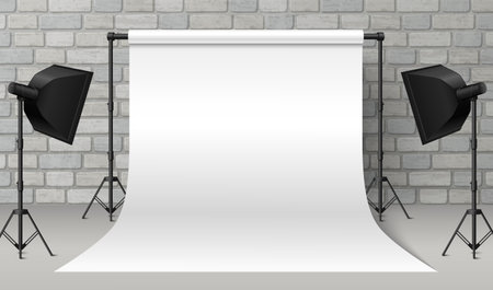 Photo studio equipment on brick wall background. Vector realistic illustration of white backdrop and light softbox for photography shoot, professional product or fashion design presentation showroomのイラスト素材