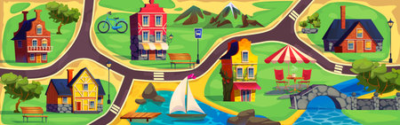 Abstract map of city and village with road, vintage houses and street cafe table, wooden benches and streetlights, sail boat in river and bike, stone bridge and fence, green trees and mountains.のイラスト素材