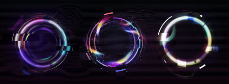 Circle frame with glitch and neon glow effect. Digital round geometric light border with vintage vhs distortion. Realistic vector illustration set of ring shape with broken retro tv bug design.のイラスト素材