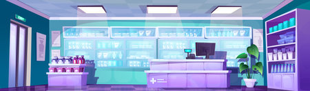 Pharmacy store interior with drugs in boxes and bottles on racks and shelves, cash register on counter, plant in pot. Cartoon vector healthcare and medical treatment product inside drugstore.のイラスト素材