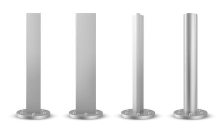 3d metal pole base of different shape for advertising billboard, flag or streetlight. Realistic vector set of cylinder, rectangle and triangle iron column pipe with screws. chrome signpost structure.のイラスト素材