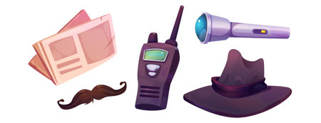 Police detective masking equipment set isolated on white background. Vector cartoon illustration of fake moustache, retro hat and newspaper for secret spying, walkie-talkie radio and flashlightのイラスト素材