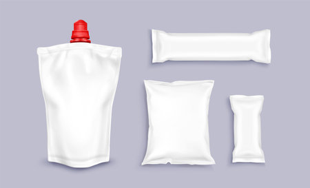 3D pouch and plastic packages mockup set isolated on background. Vector realistic illustration of blank white sachet, sauce doypack, chips bag, wrap for snack, candy, wet wipes, refill soap containerのイラスト素材