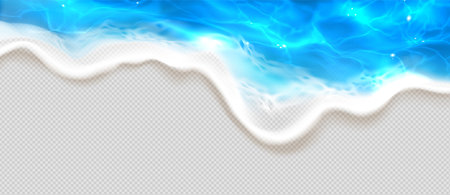 3d realistic sea beach wave top view. Foam and water aerial summer texture isolated on transparent background. Blue shore frame element for tropical flyer. Sun light reflection on holiday promo designのイラスト素材