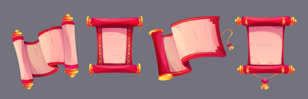 Chinese paper red scroll with golden holders, tassel and traditional ornate. Cartoon vector...