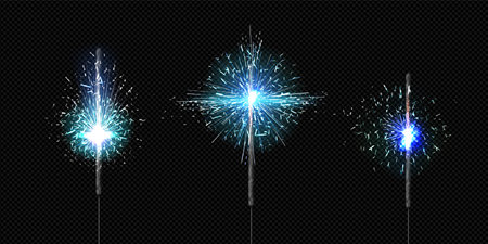 Bengal blue fire candle with sparkler firework light on dark transparent background. Realistic 3d vector illustration set of Christmas and birthday party stick with sparks and burning flash effect.のイラスト素材
