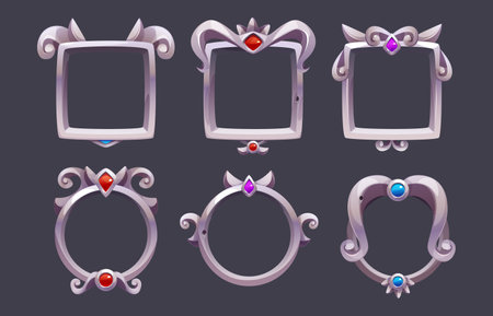 Silver fantasy medieval royal frame with gem stones for game ui design. Cartoon vector illustration set of grey metal circle and square avatar border or button with flourish deco ornament and diamondsのイラスト素材